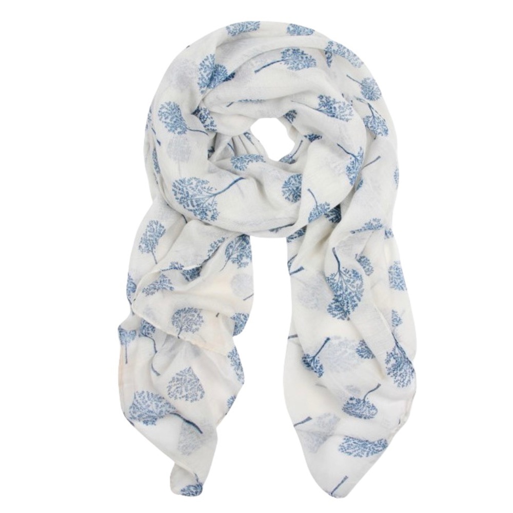 White and Blue Tree Pattern Scarf